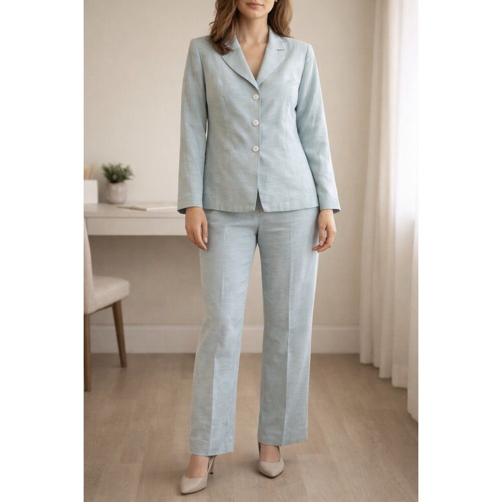 Travis Ayers Silk Linen Blend 2 Piece Pant Suit Size 12 Seafoam Green Y2K
